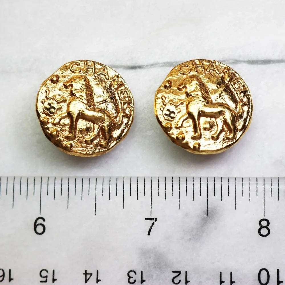 Chanel Lion Medallion Gold Plated Vintage Clip-on Earrings RARE! EUC ~ HOST PICK